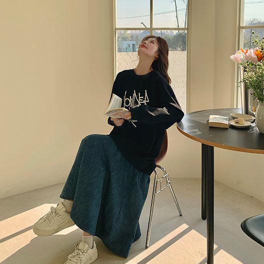 【ワンピース】レイヤード風 デニム切り替え 春秋 長袖ワンピース 爆売れ【JZシリーズ】