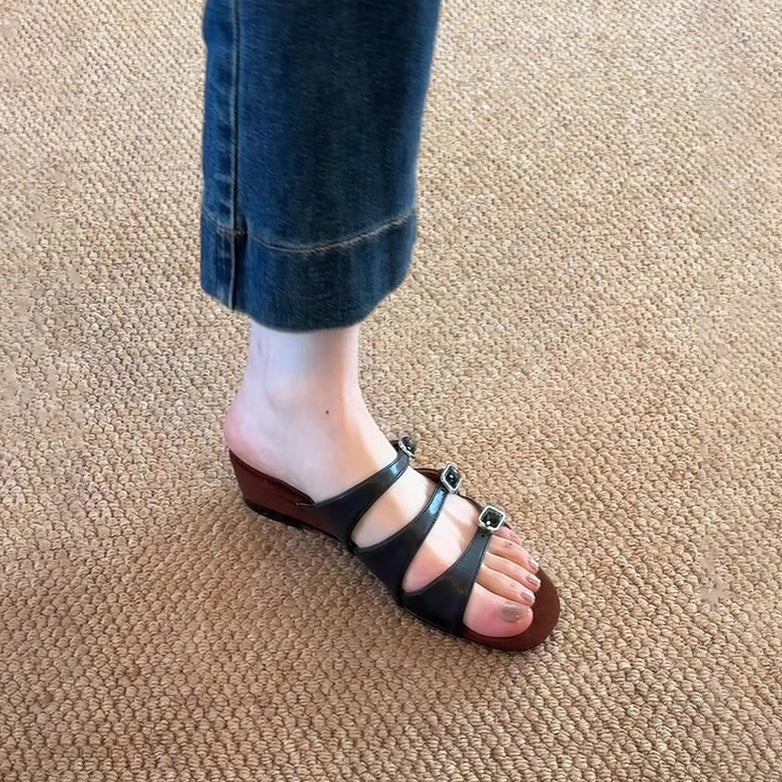 【シューズ】厚底ウェッジソール 一字ストラップサンダル フレンチ風 エレガントスリッパ