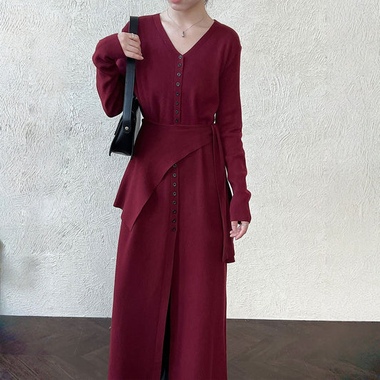 【ワンピース】春 秋 冬 Vネック ロングボタン ニットカーディガン 長袖 ワンピース 【JZシリーズ】