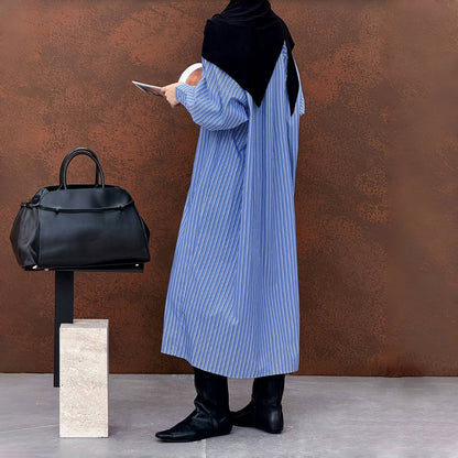 【ワンピース】秋先取り ロング丈 ストライプ 開襟長袖 シャツワンピース ゆるっとおしゃれ 着痩せデザイン【JZシリーズ】