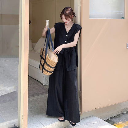 2点セット！【セットアップ】夏 韓国風 通勤 ブラックメッシュ切替 ベスト＋ワイドパンツ 上下セット【JZシリーズ】【SNシリーズ】