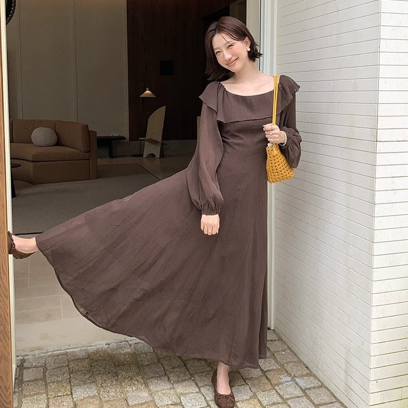 【ワンピース】春 秋 冬 フリル ハイウエスト長袖 ワンピース 【JZシリーズ】