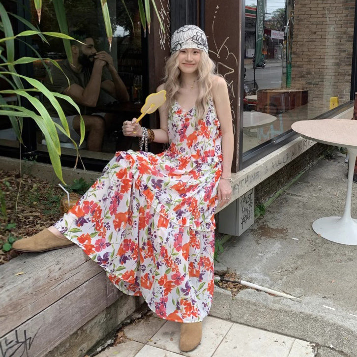 【ワンピース】夏 涼しげ 通気性 Vネック フリル付き 花柄 ノースリーブ キャミワンピース【SHシリーズ】