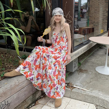 【ワンピース】夏 涼しげ 通気性 Vネック フリル付き 花柄 ノースリーブ キャミワンピース【SHシリーズ】