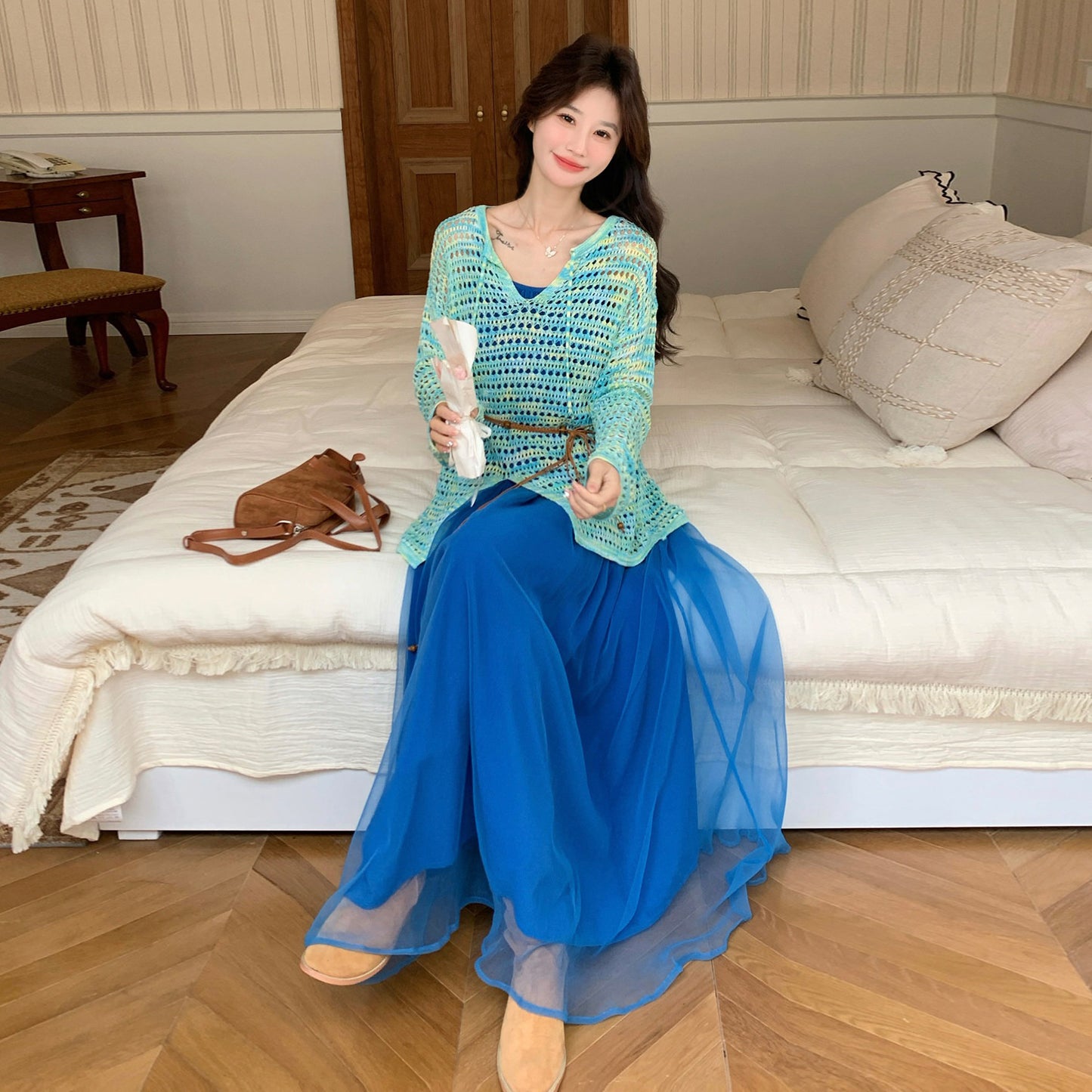 2点セット！【セットアップ】この透け感がたまらない…♡ 透かしカバーアップ×ノースリーブワンピース セット リゾートコーデ 体型カバーも◎【JZシリーズ】