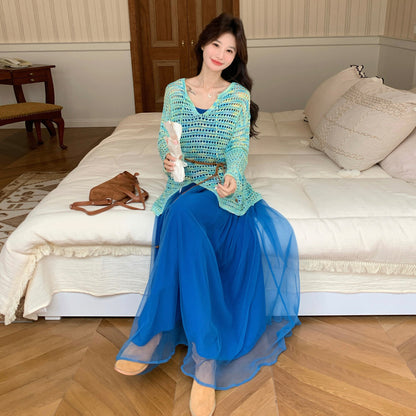 2点セット！【セットアップ】この透け感がたまらない…♡ 透かしカバーアップ×ノースリーブワンピース セット リゾートコーデ 体型カバーも◎【JZシリーズ】