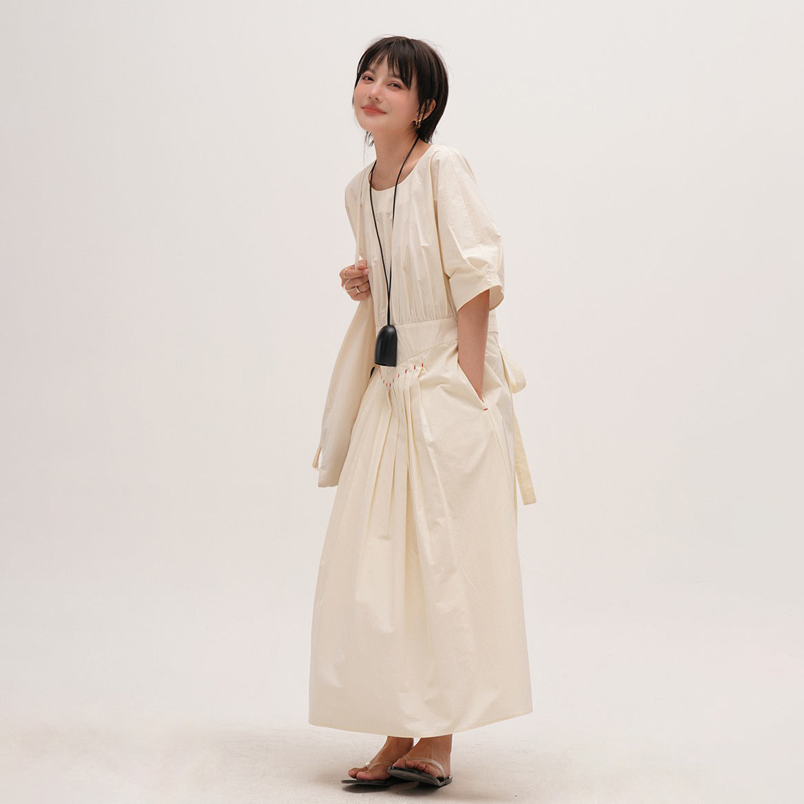 【ワンピース】ウォッシュド 高密度綿 半袖ワンピース レディース 小众デザイン 夏用 薄手 ロングドレス【JZシリーズ】