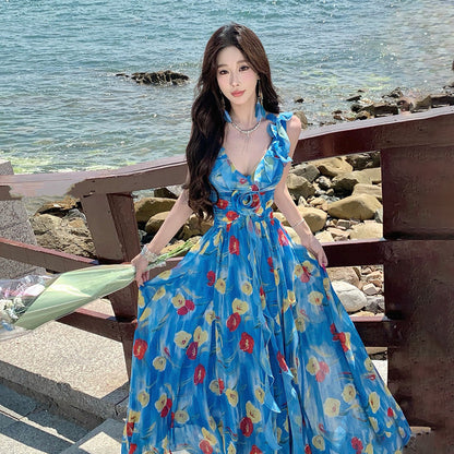 【ワンピース】リゾートワンピース レディース 夏 ブルー花柄 シフォン ノースリーブ Vネック ウエストマーク ロング丈【SHシリーズ】