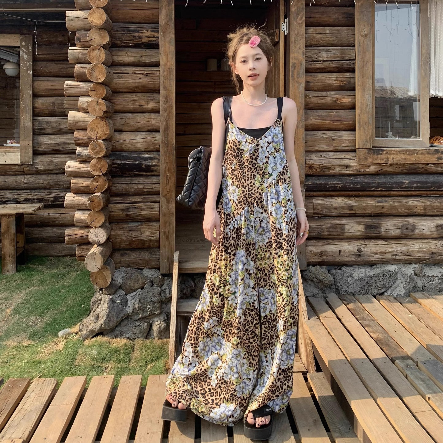 【ボトムス】夏新作 優雅に揺れる 雪青フラワー柄 オーバーサイズサロペット オールインワン【SHシリーズ】