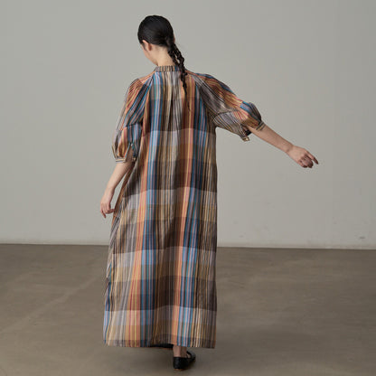 【ワンピース】フレンチリゾート風 チェック柄ロングシャツワンピース 半袖 ゆったりシルエット【SHシリーズ】