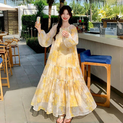 【ワンピース】花柄 長袖ワンピース  レディース 高級感 細見え リゾート風 フェミニン ロングビーチドレス【SHシリーズ】