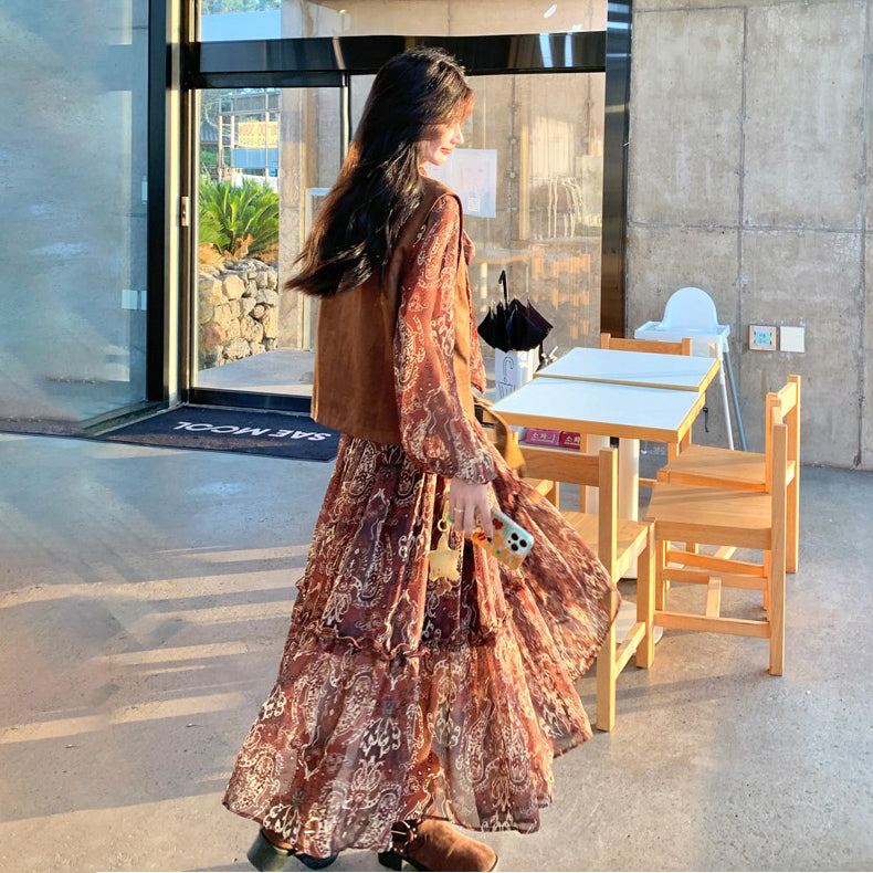 【ワンピース】ブラウン 花柄 長袖ワンピース ベスト付きセット レディース 2025秋新作 旅行 リゾート【SHシリーズ】