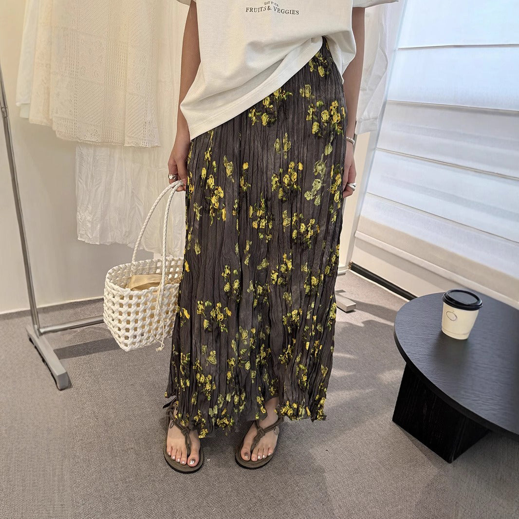 【ボトムス】春夏新作 気質 ゴムウエスト リゾート風 プリーツフラワー柄 スカート【SHシリーズ】