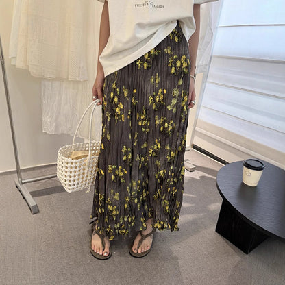 【ボトムス】春夏新作 気質 ゴムウエスト リゾート風 プリーツフラワー柄 スカート【SHシリーズ】