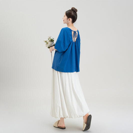 【単品注文】【セットアップ】夏新作 フレンチガーリー感 後ろリボンオープンバック 半袖シャツ＋ハイウエスト スカート 上下セット【JZシリーズ】