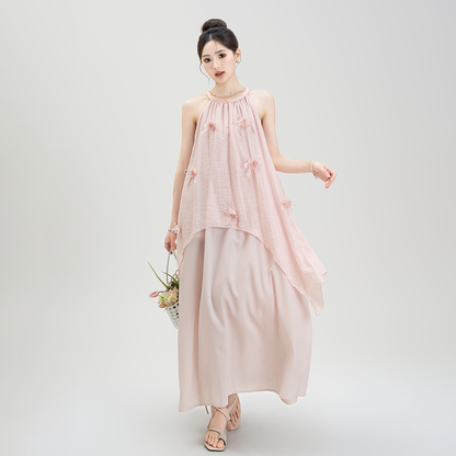 【ワンピース】夏新作 フレンチバカンス風 立体フラワー付き ハルターネック ノースリーブワンピース【SHシリーズ】