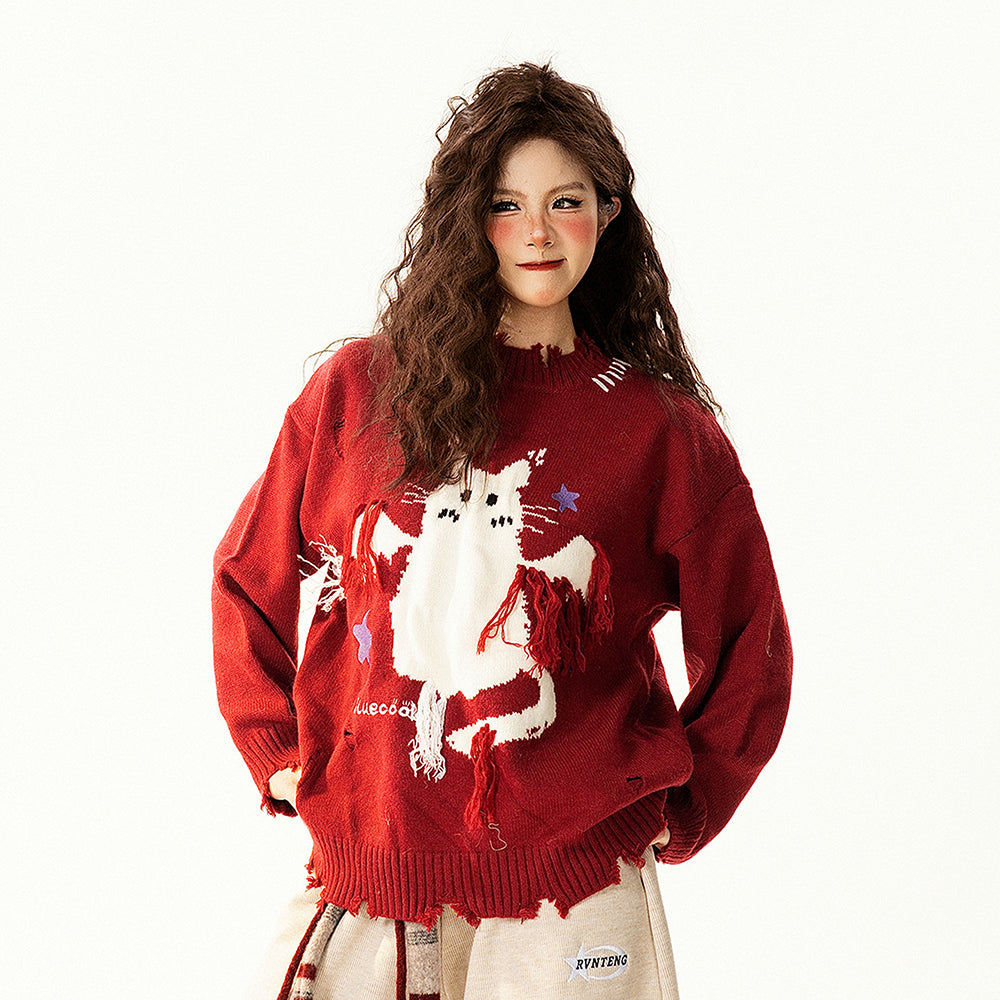 【トップス】レトロ 猫柄ジャカード クルーネック ニット レディース フリンジデザイン ゆったり 着回し セーター【FCシリーズ】