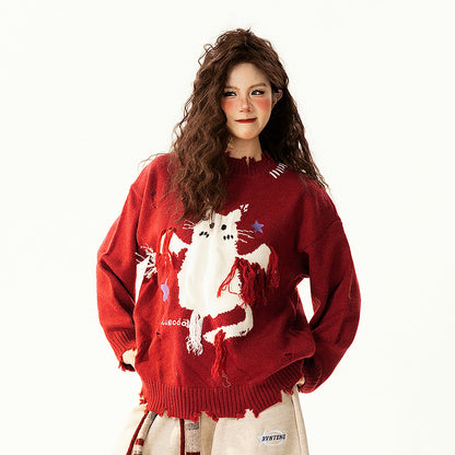 【トップス】レトロ 猫柄ジャカード クルーネック ニット レディース フリンジデザイン ゆったり 着回し セーター【FCシリーズ】