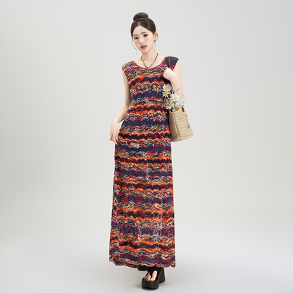 【ワンピース】夏新作 ストライプ柄 重ね着風 メッシュ切り替え バックスリット ゆったりノースリーブワンピース【SHシリーズ】