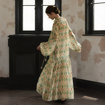 【ワンピース】【30-35日内発送】フレンチ レトロ プリント パフスリーブワンピース ゆったり Vネック 長袖ワンピース【SHシリーズ】