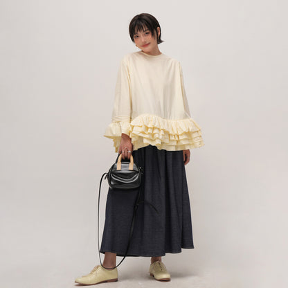 【トップス】無地 フリル ブラウス シャツ レディース ゆったり 体型カバー 大きいサイズ ミディアム丈 長袖 シャツ デザイン感 トップス【JZシリーズ】