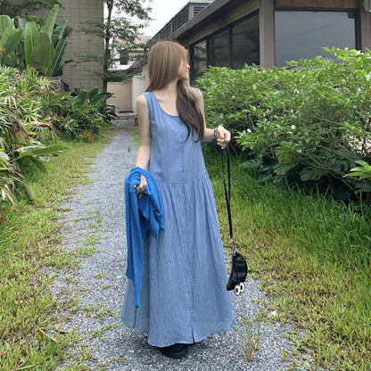 M~4XL【ワンピース】チェック柄 レディースノースリーブワンピース フロントボタン ロング丈ゆるシルエット【 JZ シリーズ】