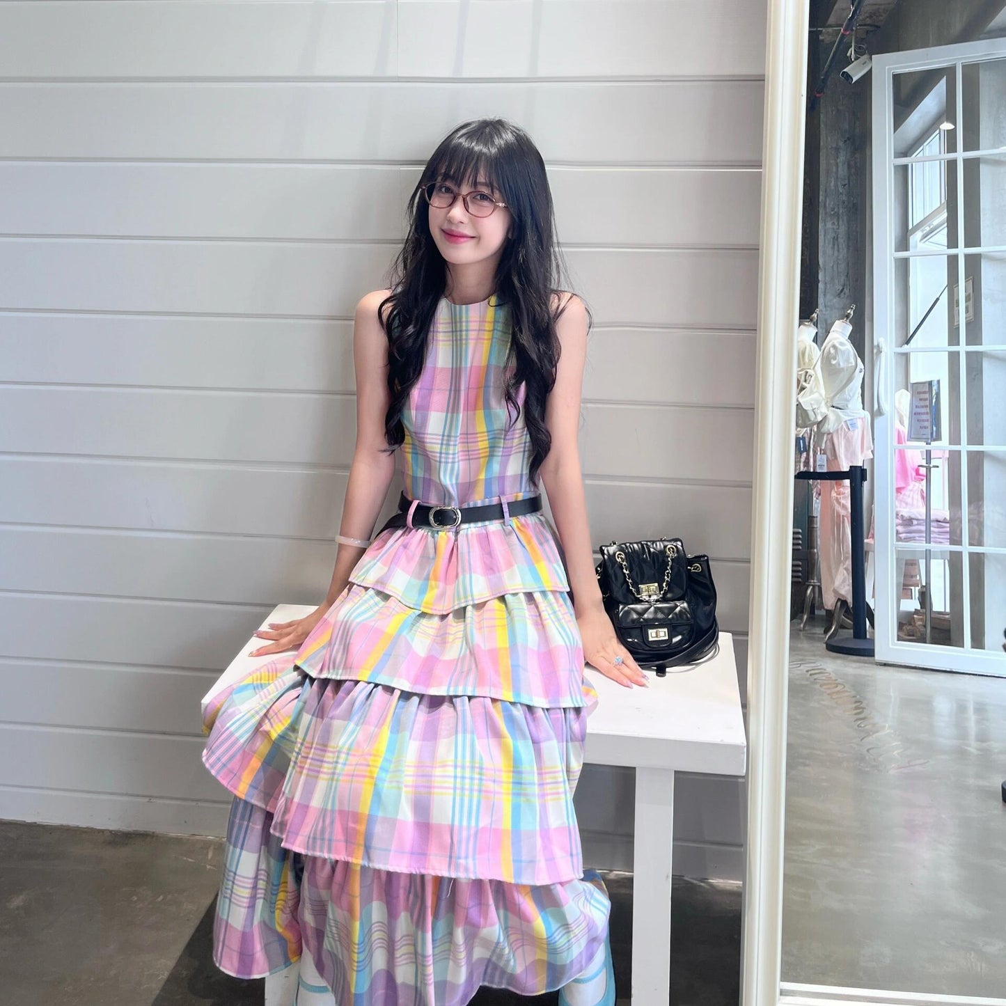 【ワンピース】 レインボーチェック ノースリーブ ティアードワンピース 夏 レディース フェミニン 体型カバー リゾート風 着痩せ ゆったり Aライン 大人可愛い バカンス 海辺旅行【SHシリーズ】