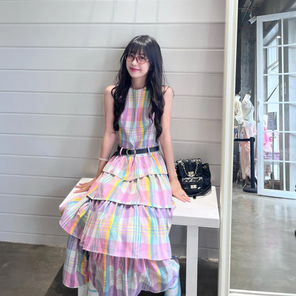 【ワンピース】 レインボーチェック ノースリーブ ティアードワンピース 夏 レディース フェミニン 体型カバー リゾート風 着痩せ ゆったり Aライン 大人可愛い バカンス 海辺旅行【SHシリーズ】