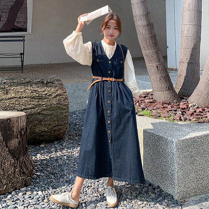 2点セット！【セットアップ】ヴィンテージデニムワンピースセット レディース 春秋 エレガント おしゃれ ブラウス＋キャミワンピース 2点セット【JZシリーズ】