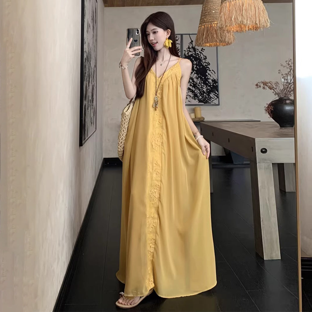 【ワンピース】ボヘミアン風 イエロー キャミソールワンピース レディース 夏 Vネック ノースリーブ ロングワンピース ゆったり 体型カバー 細見え リゾート【SHシリーズ】