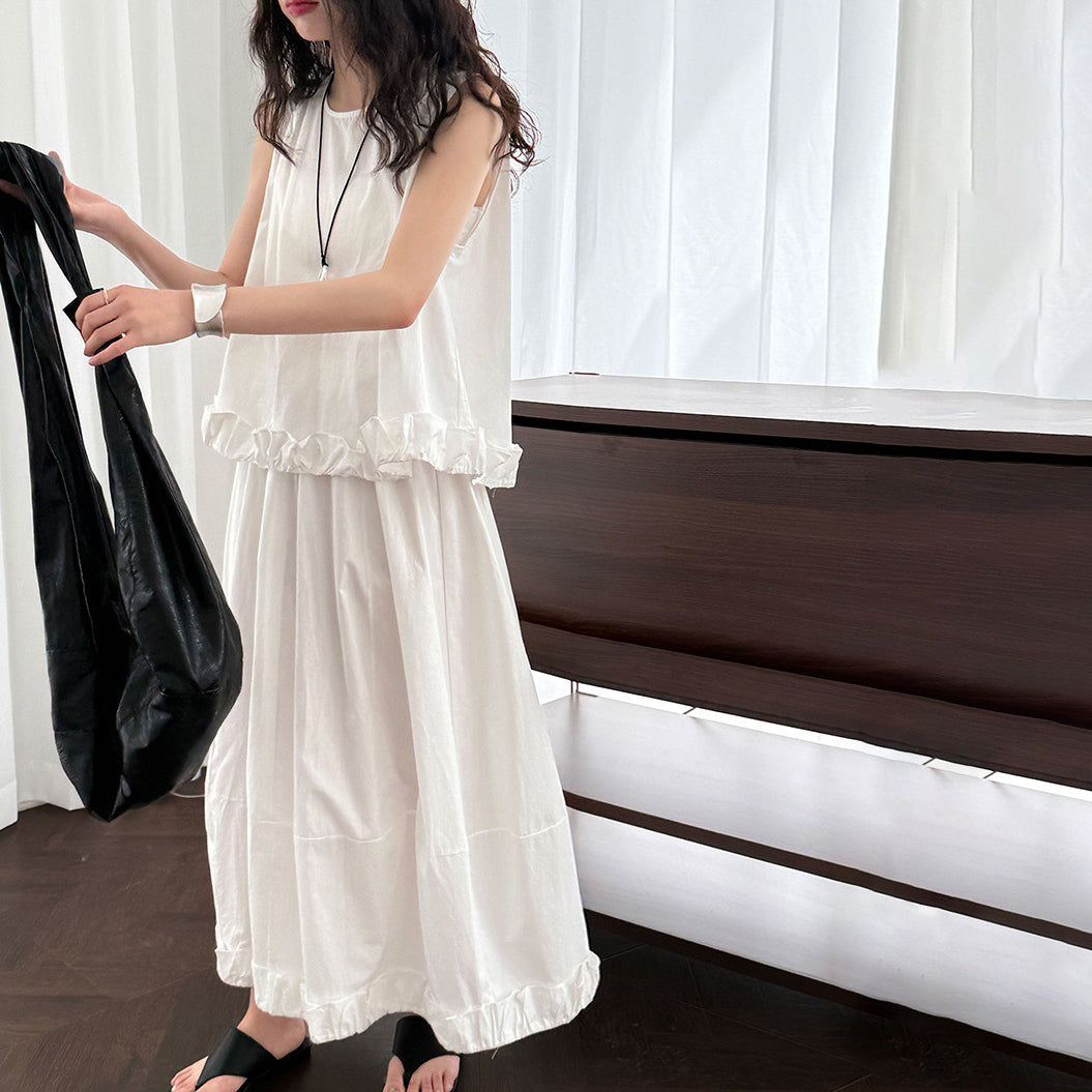 【セットアップ】夏新作 清涼感たっぷり フリルタンクトップ＋スカート 上下セット【SNシリーズ】