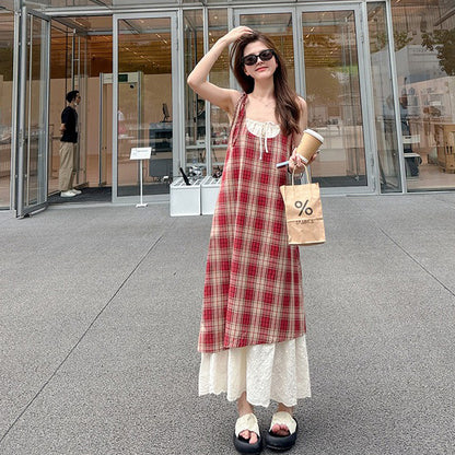 【ワンピース】レトロ チェック柄 レース切替 リボン付き ノースリーブキャミワンピース【SHシリーズ】