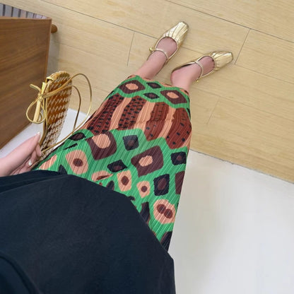 【ボトムス】プリーツカフェグリーン レトロプリント 高ウエスト着痩せスカート【SHシリーズ】