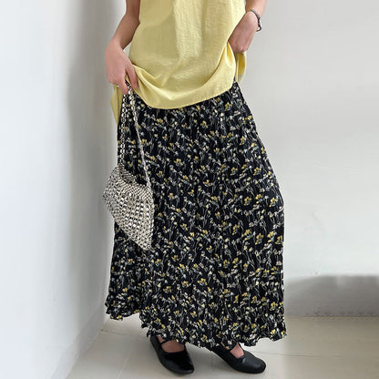 【ボトムス】韓国風 小花柄 ゆったり 体型カバー Aライン ハイウエスト 着痩せ効果 ミモレ丈スカート【SHシリーズ】【JZシリーズ】