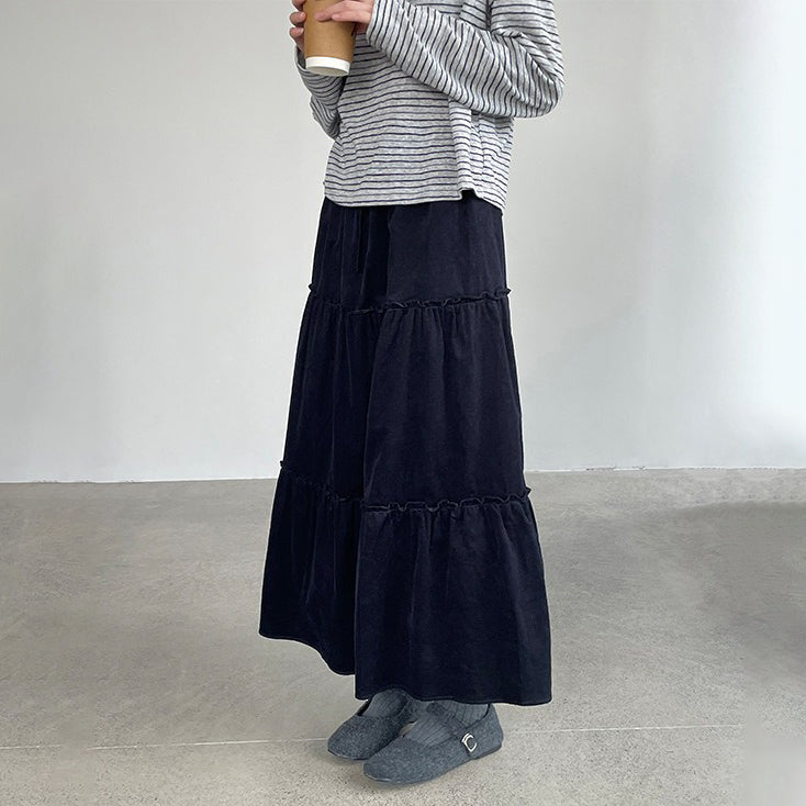 【ボトムス】韓国風 フリルプリーツスカート レディース ウエストゴム Aライン ロング【JZシリーズ】