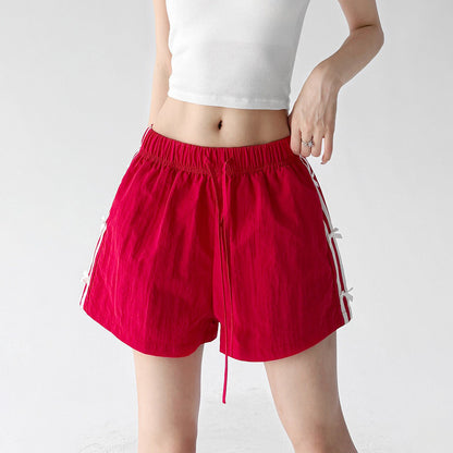 【ボトムス】ショートパンツ レディース 速乾素材 ブラック リボンデザイン ゆったり スポーツ カジュアル【FCシリーズ】