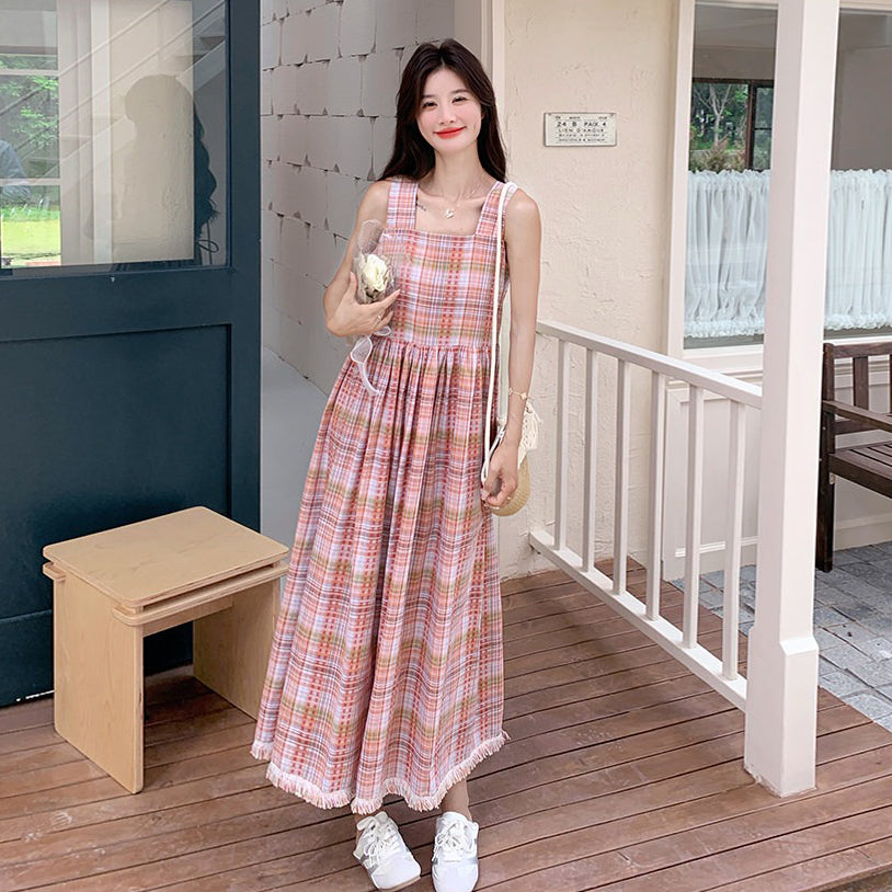 【ワンピース】チェック柄 キャミワンピース レディース 夏 ハイウエスト ノースリーブ ロングワンピース ゆったり 体型カバー 人気 フレンチ風【SHシリーズ】