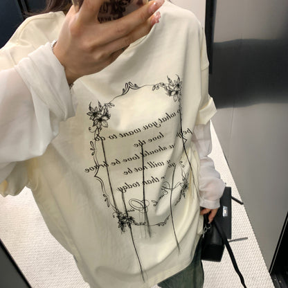 【トップス】フリンジ刺繍 Tシャツ レディース 夏 長袖 レイヤード風 ゆったり オーバーサイズ 人気 リラックスコーデ【FCシリーズ】