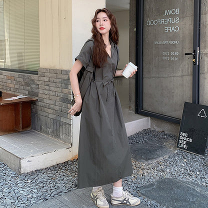 【ワンピース】今季大注目 アメカジ感漂う 半袖 ワークワンピース フード付きロング丈 夏【JZシリーズ】