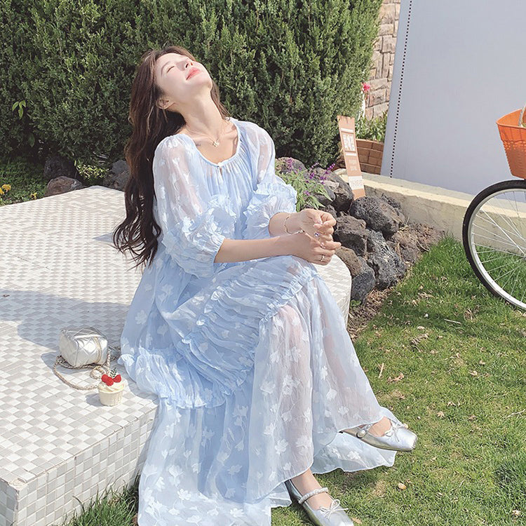 【ワンピース】ライトブルー 七分袖 小花柄 ワンピース レディース 夏 ロマンチック スイート系 フレアシルエット フェアリードレス【SHシリーズ】