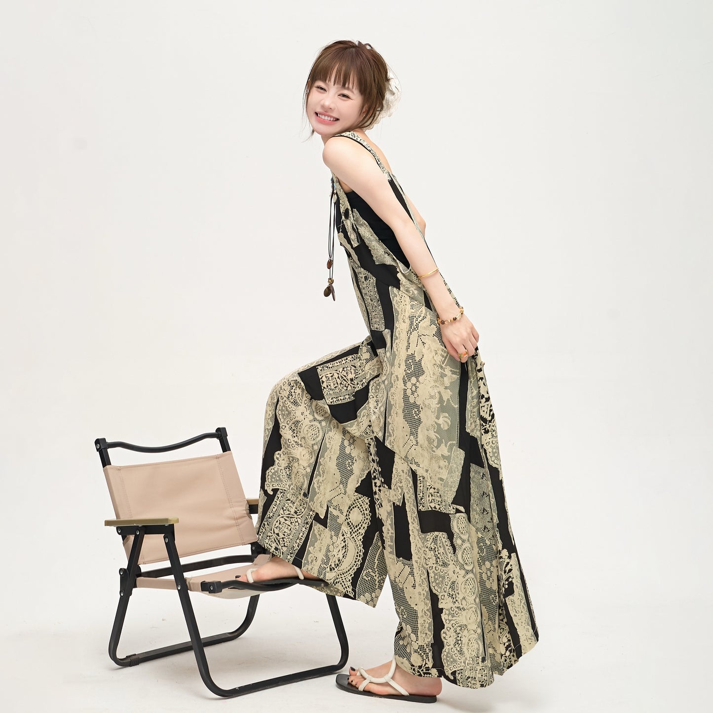 【ボトムス】ゆったりラフ感 オーバーサイズ サロペット 夏新作 アート水墨プリント ワイドパンツオールインワン【SHシリーズ】