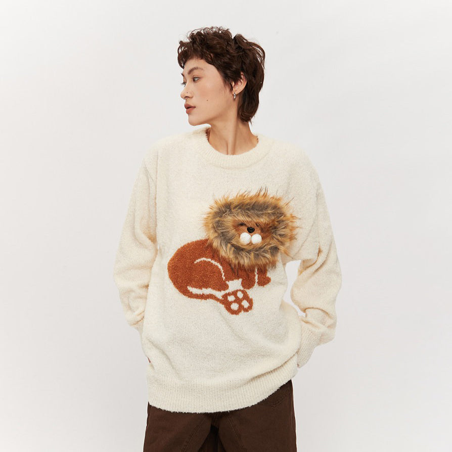 【トップス】ライオン柄 アメリカン カップル用 プルオーバーニット レディース 秋冬 新作 オーバーサイズ ゆるニット【FCシリーズ】