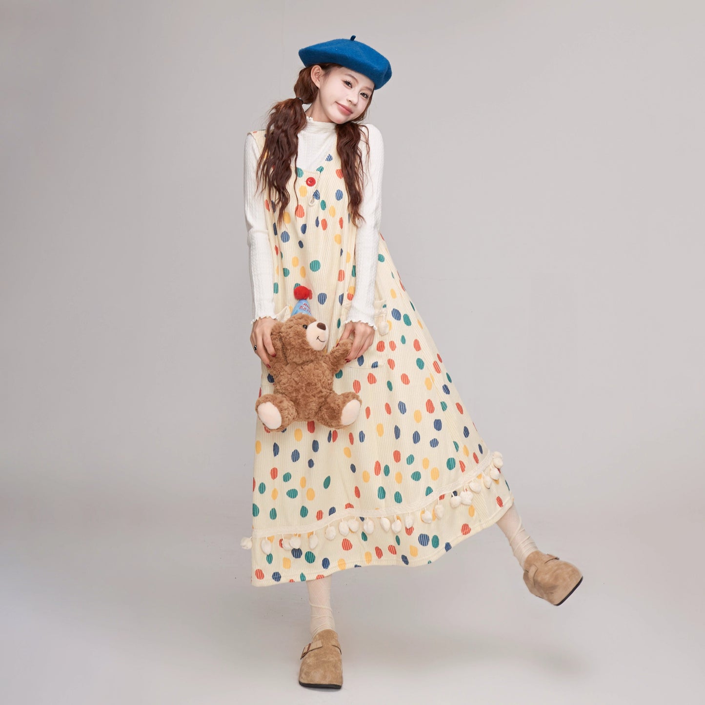 【ワンピース】秋冬 ゆったり可愛い ドット柄 サロペットワンピース レディース Aラインデザイン ノースリーブワンピース【JZシリーズ】【SHシリーズ】