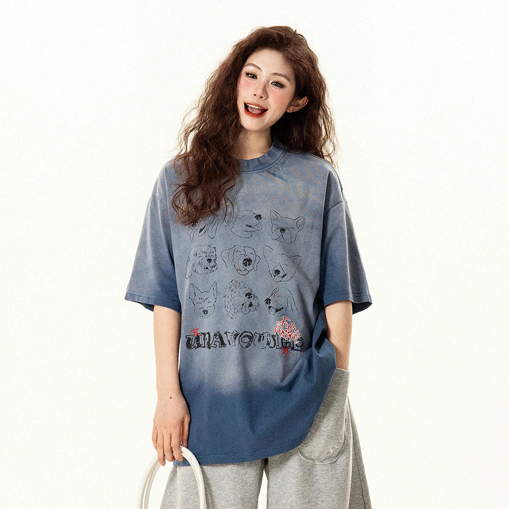 【トップス】レトロ加工 ドッグプリント 半袖Tシャツ レディース 夏 新作 ゆったり デザイン感 カジュアル【FCシリーズ】【15〜20日発送】