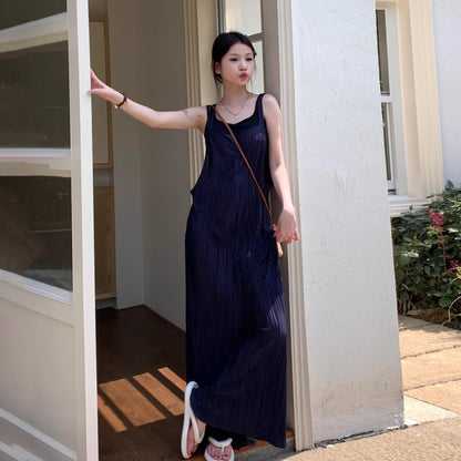 【ボトムス】夏 ヴィンテージ風タック入り ダブルストラップ ワイドサロペット オールインワン