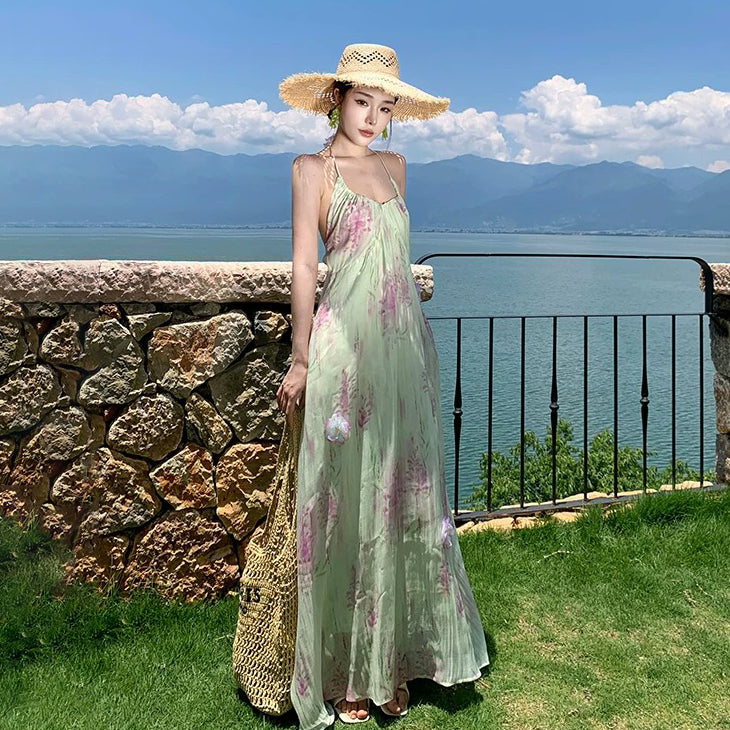 【ワンピース】フレンチリゾート風 花柄ワンピース レディース 夏 バックオープン ノースリーブ ロング丈 上品【SHシリーズ】