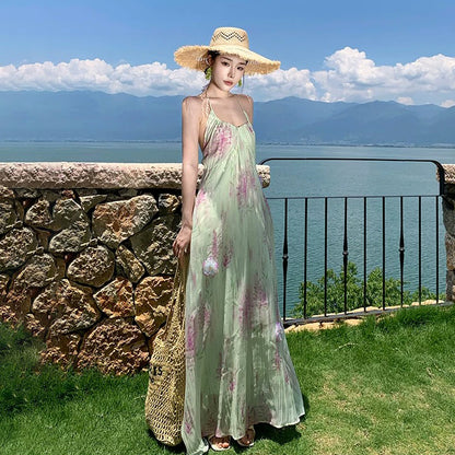 【ワンピース】フレンチリゾート風 花柄ワンピース レディース 夏 バックオープン ノースリーブ ロング丈 上品【SHシリーズ】