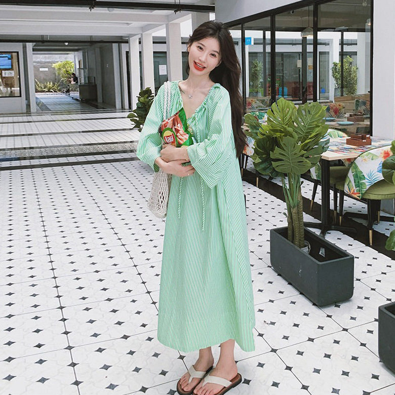 【ワンピース】ストライプワンピース レディース 夏 グリーン 長袖 ナチュラル レトロ ゆったり 体型カバー マタニティ対応 着痩せ【SHシリーズ】