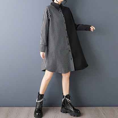 【ワンピース】ダークデザイン 無地×ストライプ 切替 長袖 ワンピース ゆったり【AHシリーズ】