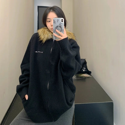 【アウター】春 秋 冬 ファーフード ヘビーウェイト 厚手 ニット ジャケット 【FCシリーズ】